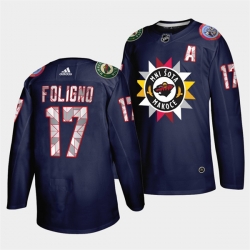 Men Minnesota Wild 17 Marcus Foligno 2021 22 Navy Native American Heritage Day Stitched Jersey