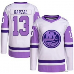 Mens Adidas New York Islanders 13 Mathew Barzal White Purple NHL Jersey