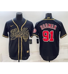 Men Chicago Bulls 91 Dennis Rodman Black Gold With Patch Cool Base Stitched Baseball Jersey