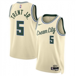 Men Milwaukee Bucks 5 Gary Trent Jr  Cream 2025 26 City Edition Stitched Basketball Jersey
