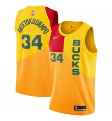 Mens Nike Milwaukee Bucks 34 Giannis Antetokounmpo Swingman Yellow NBA Jersey City Edition