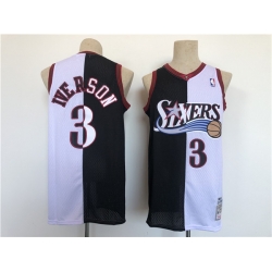 Men Philadelphia 76ers 3 Allen Iverson White Black Splite Throwback Basketball Jersey