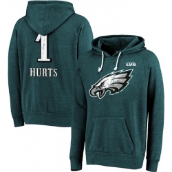 Men Philadelphia Eagles 1 Jalen Hurts Midnight Green Super Bowl LVII Name  26 Number Pullover Hoodie