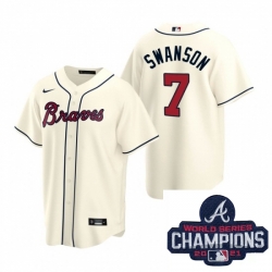 Men Nike Atlanta Braves 7 Dansby Swanson Cream Alternate Stitched Baseball Stitched MLB 2021 Champions Patch Jersey