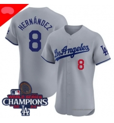 Youth Nike Los Angeles Dodgers Enrique Hernandez #8 Gray Flex Base 2024 World Series Champions Stitched MLB Jersey II