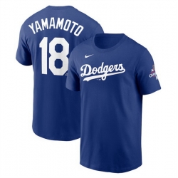 Men Los Angeles Dodgers 18 Yoshinobu Yamamoto Royal 2024 World Series Champions Name  26 Number T Shirt