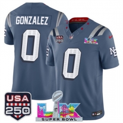 Youth New England Patriots 0 Christian Gonzalez Storm Blue 2025 F U S E  Super Bowl LX  USA 250 Patch  Rivalries Vapor Limited Stitched Football Jersey
