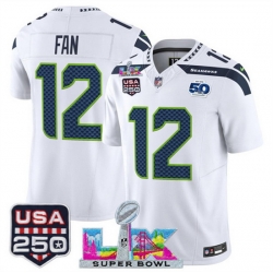 Men Seattle Seahawks 12 Fan White 2025 F U S E  Super Bowl LX Patch And 50th Season  USA 250 Patch Vapor Limited Football Stitched Jersey