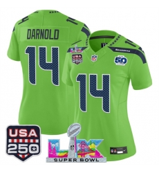 Women Seattle Seahawks 14 Sam Darnold Green 2025 F U S E  Super Bowl LX Patch And 50th Season  26 USA 250 27 Patch Vapor Limited Football Stitched Jersey 