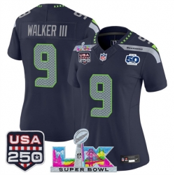 Women Seattle Seahawks 9 Kenneth Walker III Navy 2025 F U S E  Super Bowl LX Patch And 50th Season  26 USA 250 27 Patch Vapor Limited Football Stitched Jer