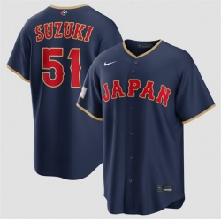Men Japan Baseball  51 Seiya Suzuki Navy 2026 World Baseball Classic Road Stadium Stitched Jersey