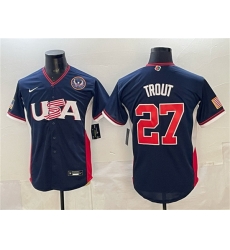 Men USA Baseball  27 Mike Trout Navy 2026 World Baseball Classic United States 250th Anniversary Patch Road Stadium Stitched Jersey